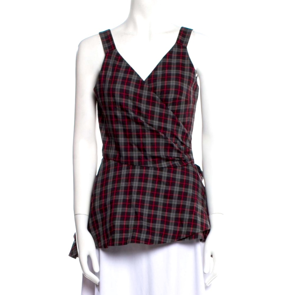 TEIJA Black Red Plaid Punk Check V-Neck Wrap Tie Peplum Sleeveless Top 10 L NWOT